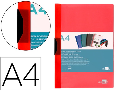 [2011304] LIDERPAPEL - Carpeta dossier pinza lateral polipropileno din A4 rojo translucido 60 hojas pinza deslizante (Ref. DP26)
