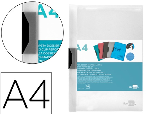 [2011298] LIDERPAPEL - Carpeta dossier pinza lateral polipropileno din A4 transparente 30 hojas pinza deslizante (Ref. DP20)