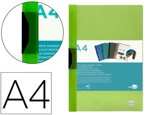 [2011307] LIDERPAPEL - Carpeta dossier pinza lateral polipropileno din A4 verde translucido 60 hojas pinza deslizante (Ref. DP29)