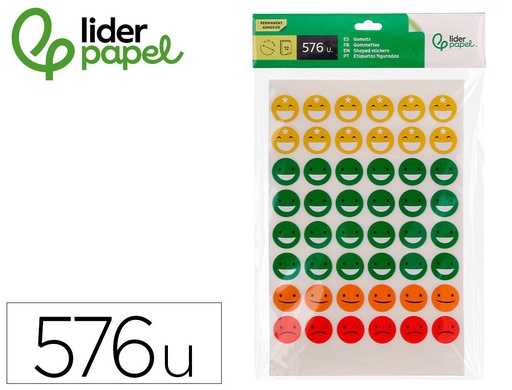 [2010733] LIDERPAPEL - Gomets escolar caras bolsa de 12 hojas 48 caras por hoja colores surtidos (Ref. GT01)