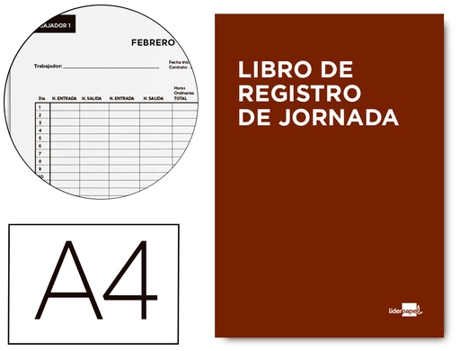 [2162186] LIDERPAPEL - Libro registro de jornada empleados 2021 din A4 10 empleados mes pagina papel blanco 90 gr (Ref. LV05)