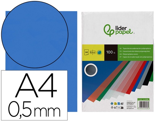 [2010746] LIDERPAPEL - Tapa encuadernacion polipropileno A4 0.5 mm azul translucido paquete de 100 unidades (Ref. TE26)