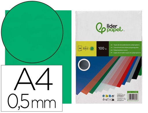[2010748] LIDERPAPEL - Tapa encuadernacion polipropileno A4 0.5 mm verde translucido paquete de 100 unidades (Ref. TE28)