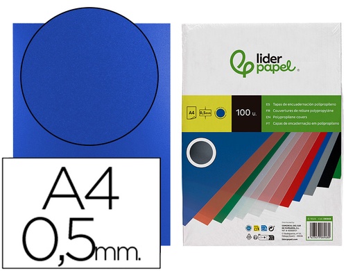 [2006948] LIDERPAPEL - Tapa encuadernacion polipropileno A4 0.5mm azul opaco paquete de 100 unidades (Ref. TE23)