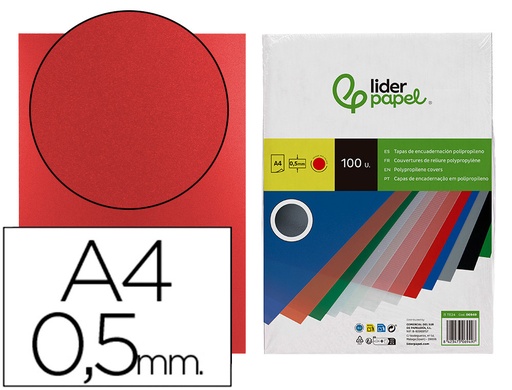 [2006949] LIDERPAPEL - Tapa encuadernacion polipropileno A4 0.5mm rojo opaco paquete de 100 unidades (Ref. TE24)