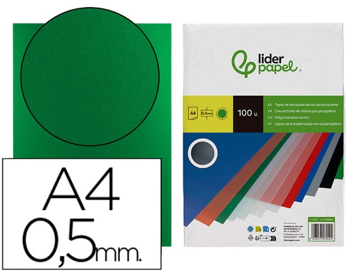 [2007042] LIDERPAPEL - Tapa encuadernacion polipropileno A4 0.5mm verde opaco paquete de 100 unidades (Ref. TE25)