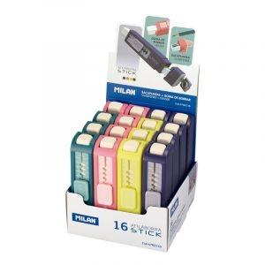 [9932007] MILAN - AFILABORRAS STICK 8,8X1,8X1,8 CM EXPOSITOR 5 COLORES PASTEL -16U- (Ref.4702116)