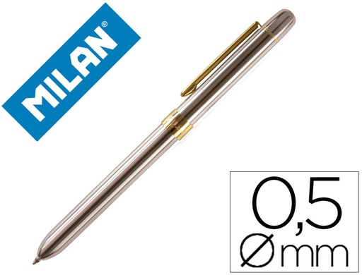 [2162826] MILAN - Boligrafo multifuncion cromado adornos dorados azul/rojo/portaminas 0,5 mm/ goma de borrar en caja metal (Ref. 1772601)