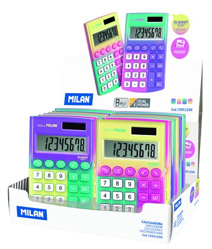 [9932143] MILAN - CALCULADORA POCKET SUNSET 8 DIGITOS COLORES EXPOSITOR -12U- (Ref.159512SN)