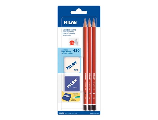 [2161340] MILAN - Lapices de grafito hexagonal hb + goma 430 + Sacapuntas/Afilalapices blister de 3 unidades (Ref. BYM10016)