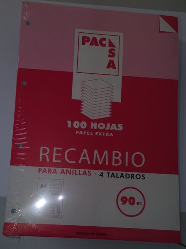 [9938002] PACSA - RECAMBIO 4 TALADROS 100 HOJAS 90 GR PAUTA 2,5 2 LINEAS A4 (Ref.21263)