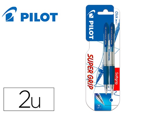 [2161347] PILOT - Bolígrafo SUPER GRIP AZUL retráctil sujeción de caucho tinta base de aceite en blister de 2 unidades (Ref.BSGAA)