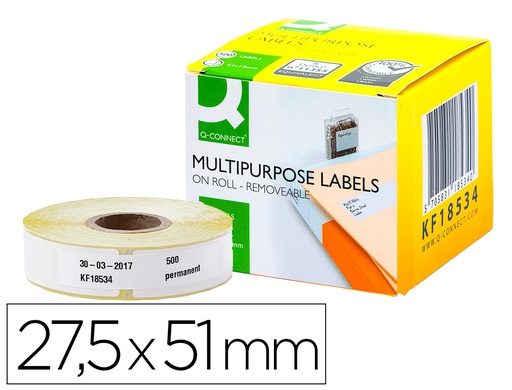 [2063378] Q-CONNECT - Etiqueta adhesiva removible kf18534 compatible dymo 11355 tamaño 27,5x51 mm caja con 500 etiquetas (Ref. KF18534)