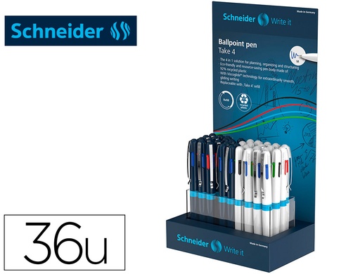 [2162916] SCHNEIDER - Boligrafo take 4 reciclado 92% cuatro colores expositor de 36 unidades 160x100x305 mm (Ref. SH305462)