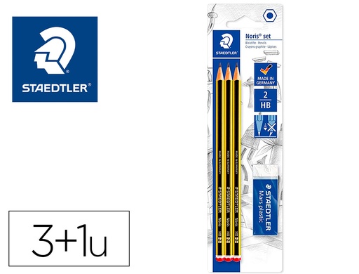 [2161353] STAEDTLER - Lapices de grafito noris n 2 hb blister de 3 unidades + 1 goma de borrar mars plastic (Ref. 120 R BK3D)
