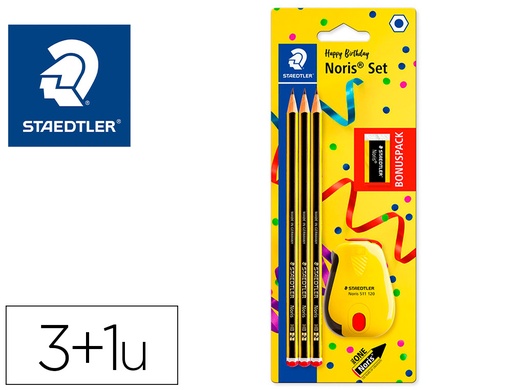 [2159986] STAEDTLER - Lapices de grafito noris n.2 hb blister promocional 120 anivers de 3 uds + Sacapuntas/Afilalapices con deposito (Ref. 120 SBK3P2)