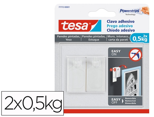 [2160541] TESA - Clavo autoadhesivo sujecion hasta 0,5 kg uso paredes pintadas removible blister de 2 unidades (Ref. 77772-00001-00)