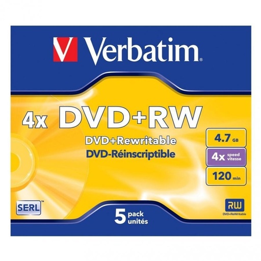 [9927160] VERBATIM - DVD+RW, 4.7GB, 4X, 5 PACK JEWEL CASE, SUPERFICIE MATT SILVER (Incluye Canon LPI de 1,4 €) (Ref.43229)