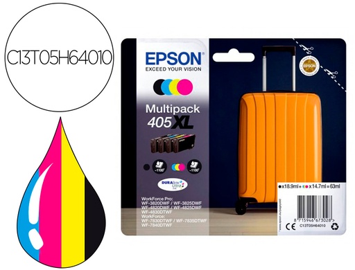[9162218] EPSON - Cartucho de inyección de tinta 405 XL wf-3820dwf / wf-4820dwf / wf-7830dtwf / wf-7840dtwf alta capacidad pack de 4 (Ref. C13T05H64010)