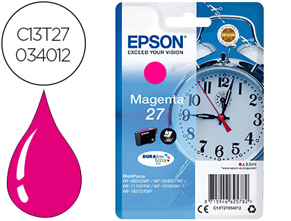 [2090850] EPSON - cartucho inyección magenta 3,6ml 300 págs 27 WF-3620DWF/3640DTWF/7110DTW/76XXDWF (Ref.C13T27034012)