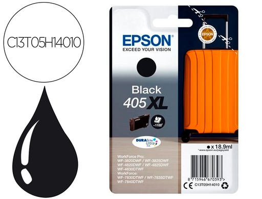 [9162213] EPSON - Cartucho de inyección de tinta 405 XL wf-3820dwf / wf-4820dwf / wf-7830dtwf / wf-7840dtwf alta capacidad negro (Ref. C13T05H14010)