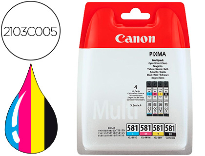 [9154565] CANON - Ink-jet cli 581 pixma tr8550 / ts6250 / ts8250 / ts9150 / ts9550 pack 4 negro amarillo cian magenta 5,6 ml (Ref. 2103C005)