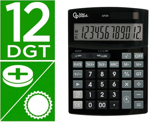 [1163495] LIDERPAPEL - CALCULADORA SOBREMESA 12 DIGITOS - SOLAR Y PILAS - COLOR NEGRO 190X140X25 MM (Ref.XF30)