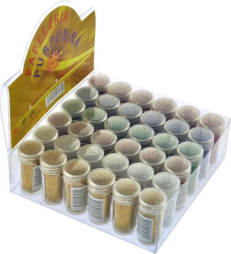ABACO - PURPURINA METALIZADA (bote) 6 COLORES EXPOSITOR de 36 (Ref.401/48170)