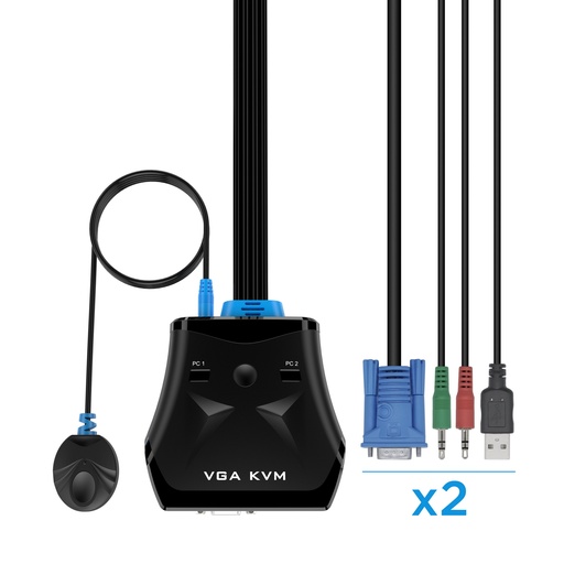 AISENS - Conmutador KVM VGA USB 1U-2PC+CABLE, NEGRO (Ref.A111-0411)