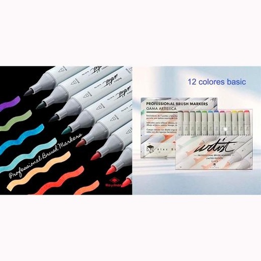 ALEX BOG - ESTUCHE 12 ROTULADORES PROFESSIONAL BRUSH MARKET BASIC COLORS DOBLE PUNTA BISELADA/PINCEL C/SURTIDOS (Ref.AB-1212)