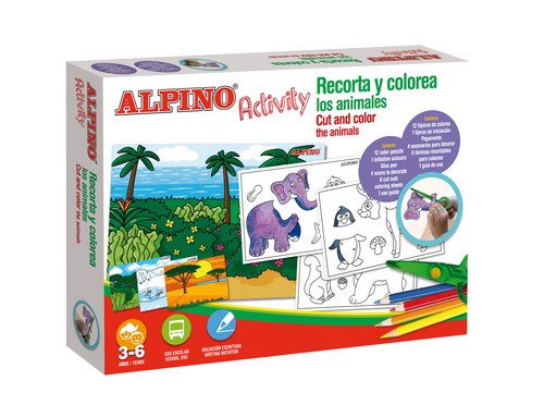 ALPINO - ACTIVITY RECORTA Y COLOREA LOS ANIMALES KIT (12 LAPICES COLORES + 1 TIJERA INICIACION + PEGAMENTO + 4 ESCENARIOS PARA DECORAR + 6 LAMINAS RECORTABLES + GUIA USO) (Ref.AC000004)