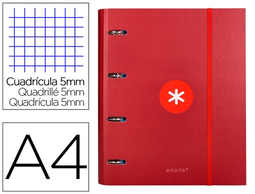 ANTARTIK - CARPETA CON RECAMBIO Y SOLAPA LIDERPAPEL A4 CUADRO 5 MM FORRADA 4 ANILLAS REDONDAS 40MM COLOR FRAMBUESA (Ref.AW90)