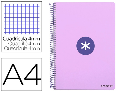 ANTARTIK - CUADERNO ESPIRAL LIDERPAPEL A4 TAPA DURA 80H 100GR CUADRO 4MM CON MARGEN COLOR LAVANDA (Ref.KB10)