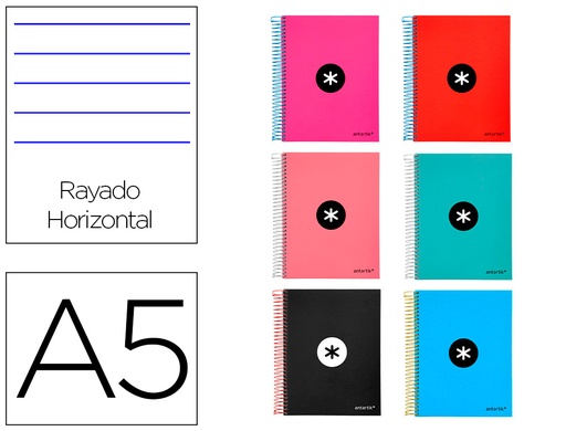 ANTARTIK - CUADERNO ESPIRAL LIDERPAPEL A5 MICRO TAPA FORRADA 120 H 100G HORIZONTAL 5 BANDAS6 TALADROS COLORES SURTIDOS (Ref.KD62)
