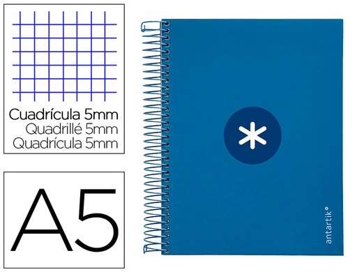 ANTARTIK - CUADERNO ESPIRAL LIDERPAPEL A5 MICRO TAPA FORRADA120H 100 GR CUADRO 5MM 5 BANDA6 TALADROS COLOR AZUL OSCURO (Ref.KH11)