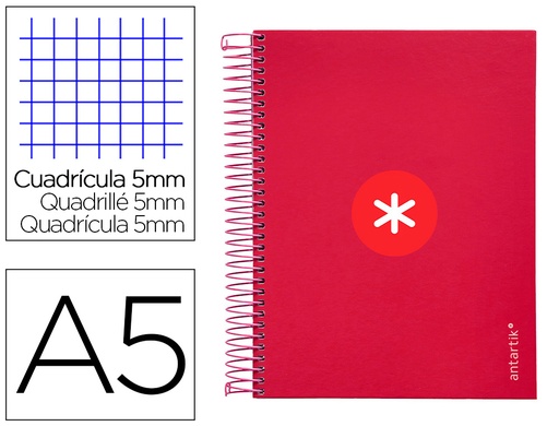 ANTARTIK - CUADERNO ESPIRAL LIDERPAPEL A5 MICRO TAPA FORRADA120H 100 GR CUADRO 5MM 5 BANDA6 TALADROS COLOR FRAMBUESA (Ref.KH12)