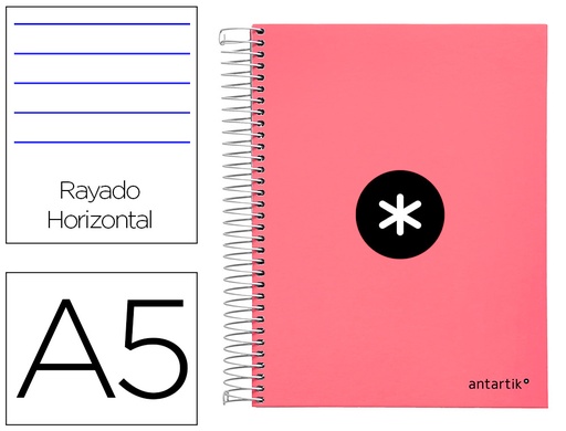 ANTARTIK - CUADERNO ESPIRAL LIDERPAPEL A5 MICRO TAPA FORRADA120H 100 GR HORIZONTAL 5 BANDA6 TALADROS COLOR CORAL (Ref.KH14)