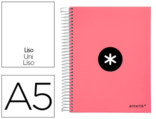 ANTARTIK - CUADERNO ESPIRAL LIDERPAPEL A5 MICRO TAPA FORRADA120H 100 GR LISO 5 BANDAS 6 TALADROS COLOR CORAL (Ref.KH16)