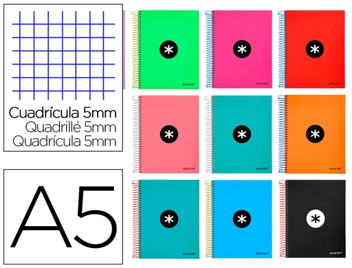 ANTARTIK - CUADERNO ESPIRAL LIDERPAPEL A5 MICRO TAPA FORRADA120H 100GR CUADRO 5MM 5 BANDAS6 TALADROS COLORES SURTIDOS (Ref.KD64)