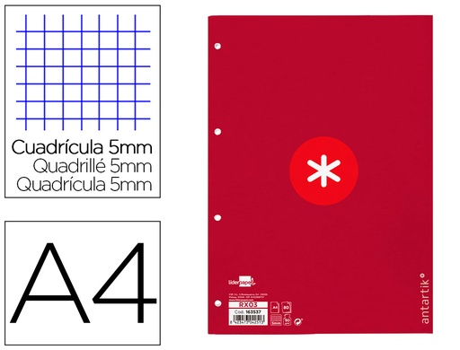 ANTARTIK - RECAMBIO LIDERPAPEL A4 80 HOJAS 90G/M2 CUADRO 5 MM 4 TALADROS 1 BANDA MARCO COLOR FRAMBUESA (Ref.RX03)