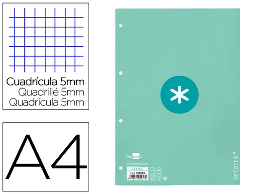 ANTARTIK - RECAMBIO LIDERPAPEL A4 80 HOJAS 90G/M2 CUADRO 5 MM 4 TALADROS 1 BANDA MARCO COLOR MENTA (Ref.RX06)