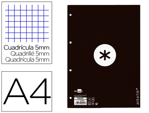 ANTARTIK - RECAMBIO LIDERPAPEL A4 80 HOJAS 90G/M2 CUADRO 5 MM 4 TALADROS 1 BANDA MARCO COLOR NEGRO (Ref.RX02)
