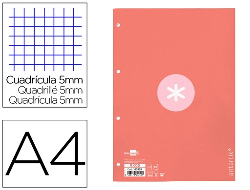 ANTARTIK - RECAMBIO LIDERPAPEL A4 80 HOJAS 90G/M2 CUADRO 5 MM 4 TALADROS 1 BANDA MARCO COLOR ROSA (Ref.RX05)