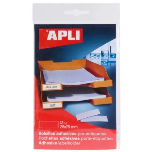 APLI - BOLSILLOS ADHESIVOS PORTAETIQUETAS 25X75 MM TRANSPARENTE 1 BOLSA CON 12U (Ref.2616)