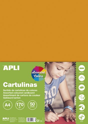 APLI - CARTULINA A4 170gr PAQUETE DE 50 HOJAS. COLORES INTENSOS SURTIDOS (Ref.15117)
