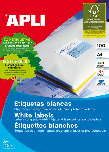 APLI - ETIQUETAS ADH.IMPR. A4 BLANCA C.RECTOS CAJA 100h 70x36 mm 2.400 uds.(0) (Ref.1298)