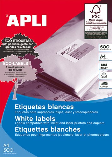 APLI - ETIQUETAS ADH.IMPR. A4 BLANCA C.RECTOS CAJA 500h 38x21,2 mm 32.500 uds.(0) (Ref.1776)
