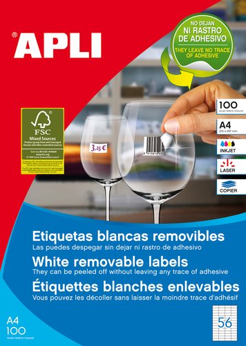 APLI - ETIQUETAS ADH.IMPR. A4 BLANCA C.RECTOS REMOVIBLE CAJA 100h 52,5x21,2 mm 5.600 uds.(0) (Ref.3055)