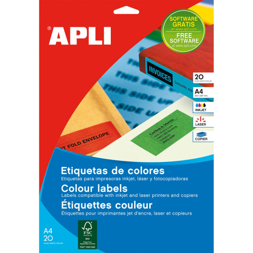 APLI - ETIQUETAS ADH.IMPR. A4 COLOR AMARILLO C.RECTOS BLISTER 20h 210x297 mm 20 uds.(0) (Ref.1599)