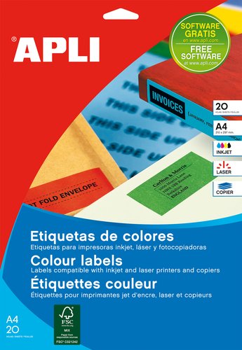 APLI - ETIQUETAS ADH.IMPR. A4 COLOR AZUL C.RECTOS BLISTER 20h 105x37 mm 320 uds.(0) (Ref.1596)